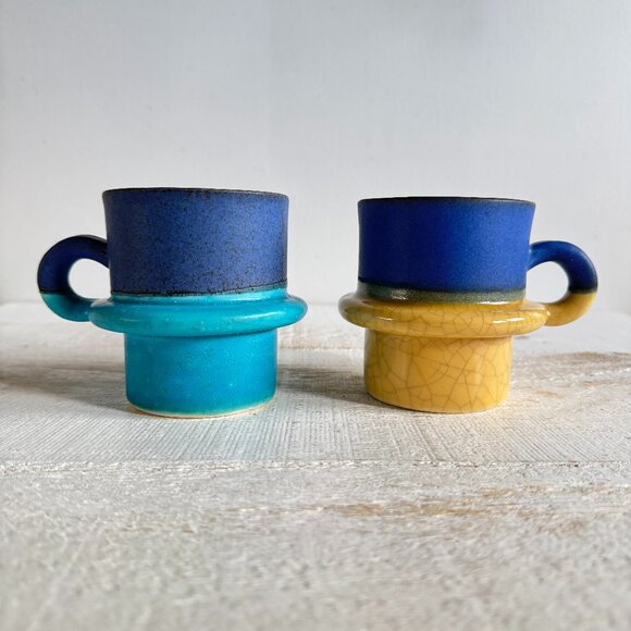Set of Two Studio Pottery Mugs with Colourful Dip and Faux Worn Finish - Picture 1 of 11